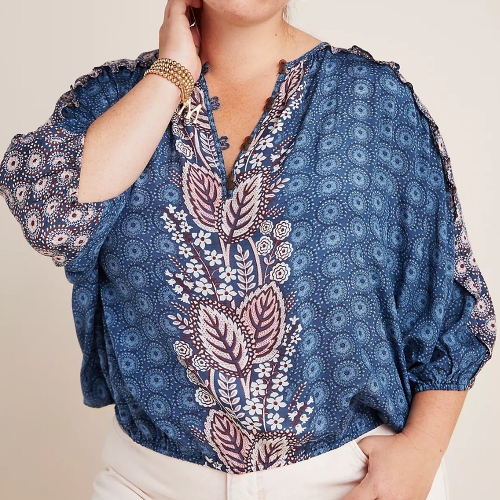 Anthropologie Maeve Letitia Ruffled Blouse Small Viscose 3/4 Sleeve Top Bohemian - Picture 3 of 16